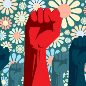 Raised fists of different shades against a floral background, symbolizing unity and strength amidst diversity.