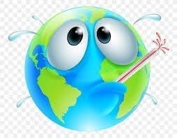 Cartoon image of Earth with a concerned expression, holding a thermometer in its mouth, indicating a fever. Water droplets surround the planet.