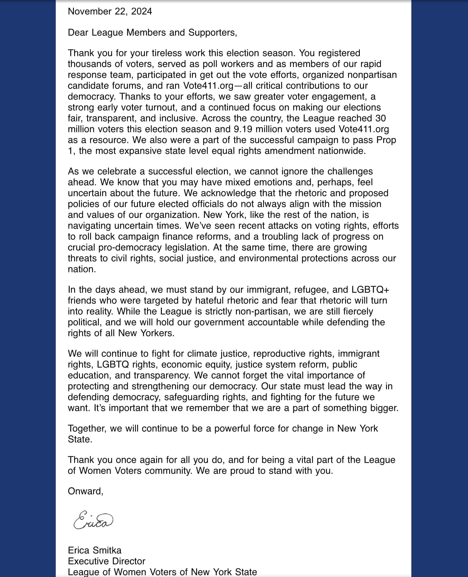 A letter from Erica Smiatacz, Executive Director, League of Women Voters of New York State, summarizing election season efforts and emphasizing democracy, equality, and future actions.