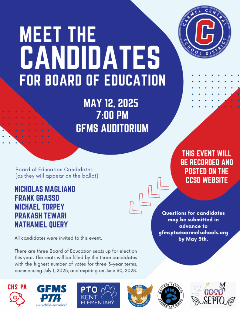 A flyer announces a Meet the Candidates event for the Board of Education on May 12, 2025, listing candidates and event details at GFMS Auditorium.