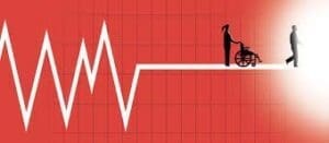 A flatlining heart rate transitions to a nurse with a wheelchair and a person walking toward a bright light, symbolizing end-of-life care.