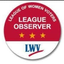 Round badge displaying "League of Women Voters League Observer" with three stars and the LWV logo on a red and white background.
