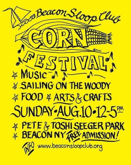 Yellow poster for Beacon Sloop Club Corn Festival with details on music, sailing, food, arts & crafts, date, time, location, and free admission.