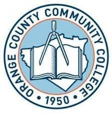 Orange County Community College logo featuring an open book and compass over a county map, with "1950" and the college name in a circular border.