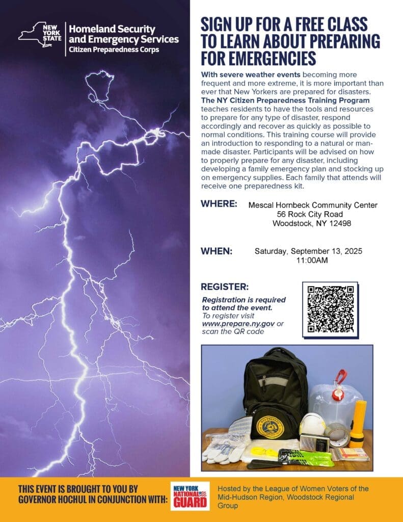 A flyer advertising a free emergency preparedness class in Woodstock, NY, with event details, registration info, and an image of an emergency kit.